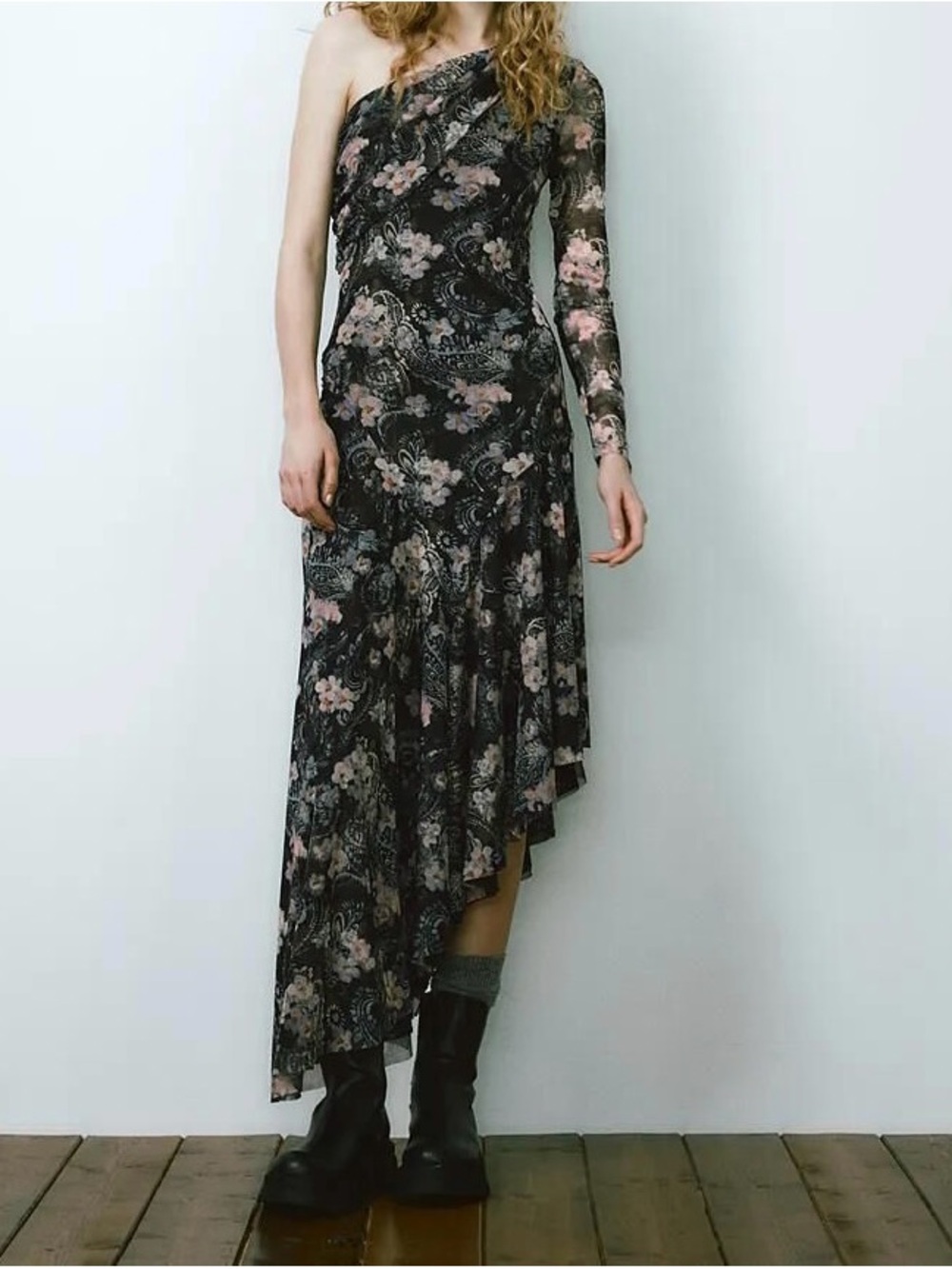 Zara Black Floral One-Shoulder Asymmetric Midi dress